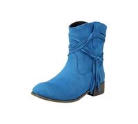 Suede Mid Calf Boots for Women UK Round Head Chunky Heel Boots Blue