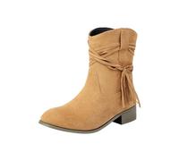 Suede Mid Calf Boots for Women UK Round Head Chunky Heel Boots Brown