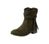 Suede Mid Calf Boots for Women UK Round Head Chunky Heel Boots Green