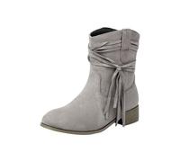 Suede Mid Calf Boots for Women UK Round Head Chunky Heel Boots Grey