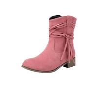 Suede Mid Calf Boots for Women UK Round Head Chunky Heel Boots Pink