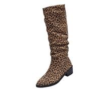 Suede Mid Calf Low Heeled Boots, Flats Flat Heel Long Boots,Women'S Casual Plain Large Size Block Heel Long Faux Suede Shoes, Zipper Winter Boots Round Toe Footwear/Leopard/Print/Plain