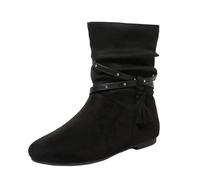 Suede Round Toe Western Fringe Boot with Chunky Heel Short Boots Womens Ankle Boots Wide Calf Suede Hidden Wedge Shoes Pull On Comfy Casual Winter Pixie Rouched Heel Black