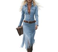Suede Sheath Dress with Tassel Womens Western Style Solid Color Zipper Packet Blouse Dresses Lapel Long Sleeve Irregular Hem Knee-Length Midi Carnival Dress Medieval Pirate Costumes Blue