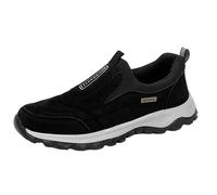 Suede Slip On Walking Shoes for Men Lightweight Comfortable Outdoor Trainers with Cushioned Rubber Sole and Deep Tread for Hiking Travel and Leisure Activities Black, Size 9.5