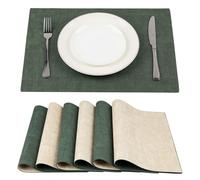 SUEH DESIGN Leather Placemats Set of 6 Reversible Table Mats Heat Resistant Waterproof No-Slip Place Mats for Dining Table Kitchen Parties, Dark Green and Beige