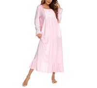 Suelinvy Women Long Sleeve Button Embroideries Victorian Nightgowns Ruffle Cute Sleep Dress Nightdress Pajamas Dress S-XXL, Pink, XL