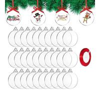 SUEOUX 50 Pcs Christmas Bauble Clear Acrylic Disc Ornaments 8.8 ×7.6 cm Round Xmas Ornaments with 2 Ribbon Flat Baubles for Craft, Blank Acrylic Christmas Disc for Xmas, Hanging, Decor