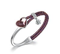 SUE'S SECRET Heart Crystal Bangle Bracelet Elegant Striped Leather Bands Unique Gift for Her Ladies Anniversary Wedding Women Birthday Christmas for Mom Wife Girlfriend