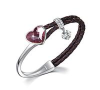 SUE'S SECRET Pink Heart Crystal Bangle Bracelet Elegant Brown Striped Leather Bands Unique Gift for Her Ladies Anniversary Wedding Women Birthday Christmas for Mom Wife Girlfriend