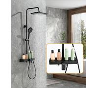 Süßren Shower System,Mixer Shower Set with 35×14cm Glass Shelving Unit,Rainfall Shower Head,3 Modes Handheld Showerhead,Bottom Outlet,Height-Adjustable Stainless Steel Shower Set (Black)