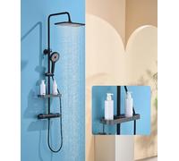 Süßren Thermostatic Shower Mixer Set,38°C Thermostatic Shower System with Rainfall Shower Head,3-Mode Handheld Shower,Shower Shelf Caddy Adjustable Height Stainless Steel Shower Set (Black)