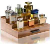 Sueuapp Walnut Wood Cologne Organizer for Men 3 Tier Cologne Stand,Wooden Cologne Holder Display Shelf with Hidden Compartment and Drawer,Perfume Organizer Great Gift for Men