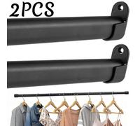 Sueving 2Pcs Black Wardrobe Rail Extendable, Wardrobe Pole 42-70Cm Adjustable Wardrobe Rail, Oval Hanging Rail With 4 Brackets