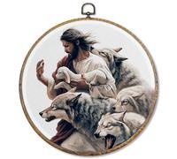 Sufamb Christian Jesus and Lamb Round Wall Art Decor, Jesus Saves the Lamb Canvas Artwork Framed, Religious Bible Verse Wall Hanging Prints Decorations for Home Bedroom Church Decor, 10x10 Inches