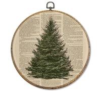 Sufamb Vintage Christmas Pine Tree Round Wall Art Decor, Rustic Pine Tree Canvas Artwork Framed, Retro Nature Dictionary Art Wall Hanging Prints Decorations for Home Bedroom Decor, 10x10 Inches