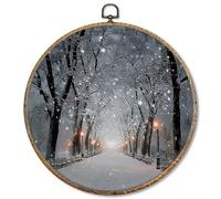 Sufamb Winter Christmas Round Wall Art Decor, Holiday Country Village Street Landscape Canvas Artwork Framed, Cozy Winter Wall Hanging Prints Decorations for Home Living Room Decor, 10x10 Inches