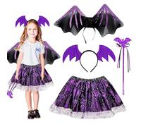 SUFANG Bat Costume Girls, 4-Piece Halloween Bat Dress Children with Magic Wand + Headband + Wings + Tutu Skirt for Halloween, Carnival, Cosplay and Theme Party