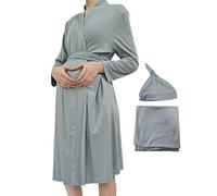SUFEINI Maternity Robe and Matching Baby Swaddle Blanket Set, Mommy Robe with Receiving Blanket Girls Boys Sleepwear, A32-grey, S