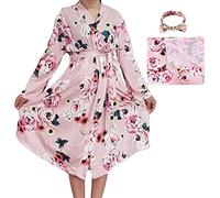 SUFEINI Maternity Robe and Matching Baby Swaddle Blanket Set, Mommy Robe with Receiving Blanket Girls Boys Sleepwear, A01-pink, S