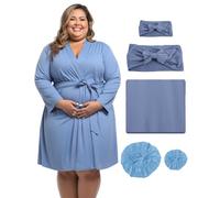 SUFEINI Maternity Robe and Matching Swaddle Blanket Set, Plus Size Women Postpartum Robes Sleepwear New Mommy Gift, Pza29 Blue, 3XL