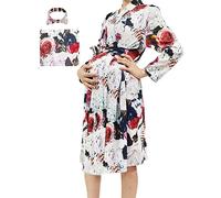 SUFEINI Maternity Robes and Matching Swaddle Blanket Set, Women Mommy Postpartum Robe Hospital Labor and Delivery Gown, A03-white, Medium