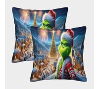 SUFFERBOW 3D Printed Christmas Grinch Throw Pillow Covers Christmas Pillow Case Cushion Garden Cushion Super Soft Pack of 2 for Sofa Couch Bed 45x45cm