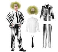 Suffolly 5 Pcs Adult Men Costume Black and White Striped Suit with Wig,Horror Movie Cosplay Men Costume,Men 80s Costume Spooky Halloween Costumes for Men Scary Halloween