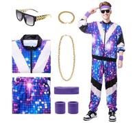 Suffolly 90s 80s Fancy Dress Men Women Retro Shell Suit 80s 90s Costumes for Adult with Accessories 1980s Disco Costumes Fancy Dress Fashion Tracksuit for Carnival Halloween Theme Party (Blue, M)