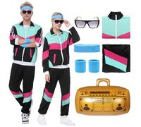 Suffolly 90s Fancy Dress Costumes,Shell Suits for Men Women Retro 80s Fancy Dress,Halloween Costumes Adult Couples,Tracksuit for Halloween,Disco,Stag Nights,Holidays,Theme Party(Black, L)