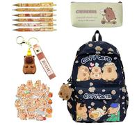 Suffolly Capybara Cute Backpack,Capybara Cute Backpack School Bag with Stationery Set 5 pcs,Cartoon Animal Large Capacity,Adjustable Cartoon Toddler Daypack School for Kids (Black)