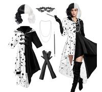 Suffolly Deville Costume Adult Adult World Book Day Costumes 6PCS Deville Costume Set with Black and White Wig,Dress,Necklace,Bracelet,Rod,Gloves,Shawl Costumes for World Book Day (Women, M)