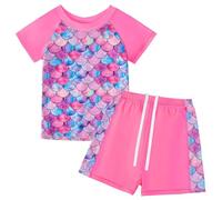 Suffolly Girls Swimming Costume Kids Two Pieces Short Sleeve Swimsuit,Cute Printed Swimming Suit Protection Swimwear Sets,for 4-12 Years Girls (UK, Alpha, One Size, Regular, Regular, Pink-140CM)