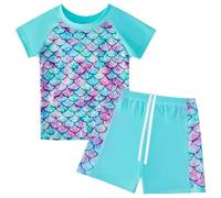 Suffolly Girls Swimming Costume Kids Two Pieces Short Sleeve Swimsuit,Cute Printed Swimming Suit Protection Swimwear Sets,for 4-12 Years Girls (UK, Alpha, One Size, Regular, Regular, Blue-100CM)
