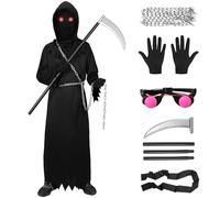 Suffolly Grim Reaper Costume Kids,Grim Reaper Costume Includes Grim Reaper Scythe,Hood,Waist Chain and Gloves,Fancy Dress Halloween Costumes for Boys(Kid, 155)