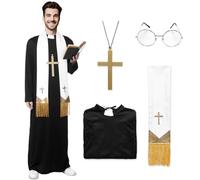 Suffolly Men's 4pc Priest Halloween Costume with Shawl, Glasses, Crucifix, Robe - Monk Vicar Exorcist Costume - Fancy Dress for Men (XL)