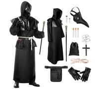 Suffolly Plague Doctor Outfit 15pcs Plague Doctors Costume Plague Doctors Costume Adult Mask Robe Scepter Cross Necklace Belt Pouch Fancy Dress Halloween Costumes for Men (Doctor, L)