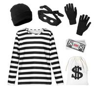 Suffolly Robber Costume,Burglar Costume Kids,Boys and Girls Prisoner Postume with T Shirt+Beret+Eye Mask+ Gloves+Swag Bag,Costumes for World Book Day(Suit A,140)