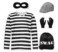 Suffolly Robber Costume Kid Burglar Costume Kids, the Mask Costume Kit with Long Sleeve T Shirt,Beret,Eye Mask, Gloves,Swag Bag Kids Fancy Dress for World Book Day