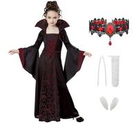 Suffolly Vampire Costume Kids 4pcs Royal Vampire Outfit with Dress Necklace Sticker Dentures Gothic Vampire Queen Costume Fancy Dress Halloween Costumes for Kids (Style A, 110)