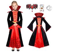Suffolly Vampire Costume Kids 4pcs Royal Vampire Outfit with Dress Necklace Sticker Dentures Gothic Vampire Queen Costume Fancy Dress Halloween Costumes for Kids (Style B, 120)