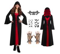 Suffolly Vampire Costumes for Women Vintage Witch Dress 6pcs Vampire Outfit Includes Eye Mask,Gloves,Stickers,Necklaces,Medieval Renaissance Costume,Fancy Dress Halloween Costumes for Women(Red, XXL)
