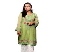 SUFIA FASHIONS Women Indian Pakistani Kurti Kurta Kameez Full Embroidered Stylish Chiffon and Silk with Lining Tunic Tops Ethnic Dress Lace Long Kurtas UK Size S to 3XL (Green, XL 44" (UK Size 16))