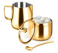 Sugar and Creamer Set,Sugar Container and Milk Frothing Pitcher for Coffee Bar Stainless Steel Sugar Bowl with Lid and Spoon for Espresso Machine Accessories (Gold)