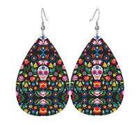 Sugar And Skulls And Flowers Leather Earring For Women Teardrop Dangle Printed Fashion Accessories Daily Wear Party