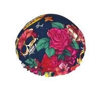 Sugar And Skulls And Flowers Print Bath Hair Cap Double Layer Shower Cap For Women And Men Reusable Lightweight Soft