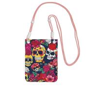 Sugar And Skulls And Flowers Print Crossbody Bag For Women, Shoulder Bag Purse, Travel Sport Mini Phone Bag, Phone Wallet, Pink, One Size