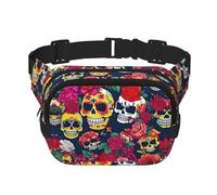 Sugar and Skulls and Flowers Print Fashion Waist Packs Square Layer Waist Bag Black Belt Bag with Adjustable Strap, Black, One Size