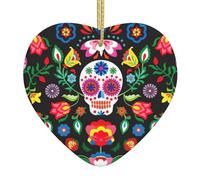 Sugar And Skulls And Flowers Print Heart Shaped Ceramic Doublesided Christmas Ornament Festive Home Xmas Tree Decor