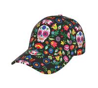 Sugar and Skulls and Flowers Print Men's Baseball Caps, Adjustable Trucker Hat, Womens Ponytail Hat, Sport Baseball Cap Black